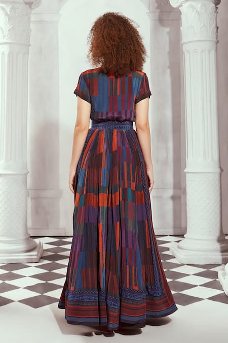 Shop_Nikita Mhaisalkar_Multi Color Silk, Crepe Buckles Mandarin Collar Grecian Tile Print Dress _at_Aza_Fashions