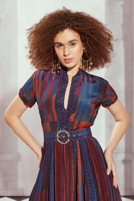 Nikita Mhaisalkar_Multi Color Silk, Crepe Buckles Mandarin Collar Grecian Tile Print Dress _Online_at_Aza_Fashions