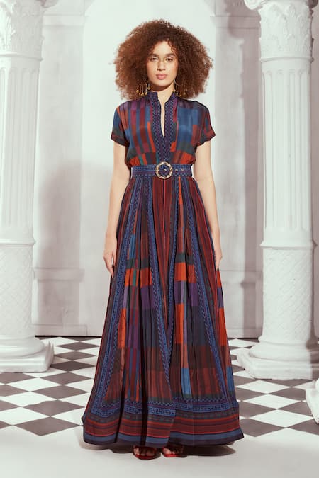 Buy_Nikita Mhaisalkar_Multi Color Silk, Crepe Buckles Mandarin Collar Grecian Tile Print Dress _Online_at_Aza_Fashions