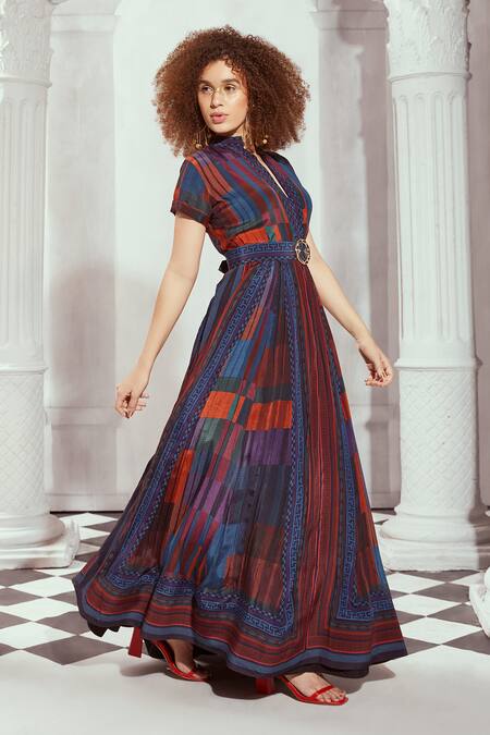 Shop_Nikita Mhaisalkar_Multi Color Silk, Crepe Buckles Mandarin Collar Grecian Tile Print Dress _Online_at_Aza_Fashions