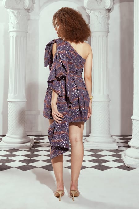 Shop_Nikita Mhaisalkar_Multi Color Georgette Sequins, Embroidery One Greek Art Print Draped Dress _at_Aza_Fashions