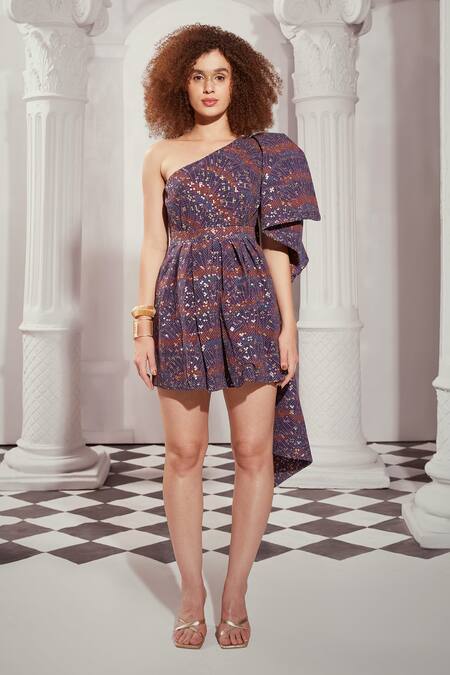 Buy_Nikita Mhaisalkar_Multi Color Georgette Sequins, Embroidery One Greek Art Print Draped Dress _Online_at_Aza_Fashions