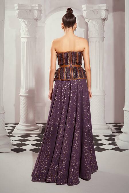 Shop Nikita Mhaisalkar Purple Tulle Sequins, Crystals Off-shoulder Embellished Peplum Corset at Aza Fashions Shop_Nikita Mhaisalkar_Purple Tulle Sequins, Crystals Off-shoulder Embellished Peplum Corset _at_Aza_Fashions