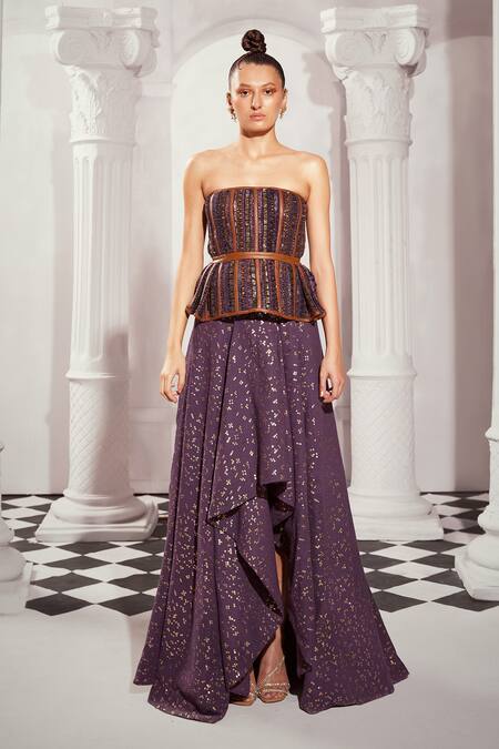 Nikita Mhaisalkar Purple Tulle Sequins, Crystals Off-shoulder Embellished Peplum Corset Online at Aza Fashions Nikita Mhaisalkar_Purple Tulle Sequins, Crystals Off-shoulder Embellished Peplum Corset _Online_at_Aza_Fashions