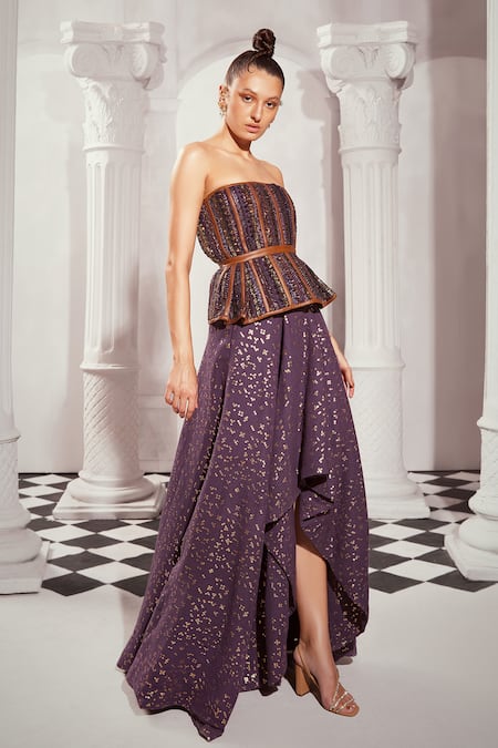 Buy Nikita Mhaisalkar Purple Tulle Sequins, Crystals Off-shoulder Embellished Peplum Corset Online at Aza Fashions Buy_Nikita Mhaisalkar_Purple Tulle Sequins, Crystals Off-shoulder Embellished Peplum Corset _Online_at_Aza_Fashions