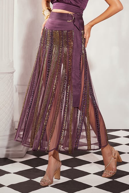 Nikita Mhaisalkar Purple Tulle Crystals, Sequins Sheer Embellished Skirt Online at Aza Fashions Nikita Mhaisalkar_Purple Tulle Crystals, Sequins Sheer Embellished Skirt _Online_at_Aza_Fashions