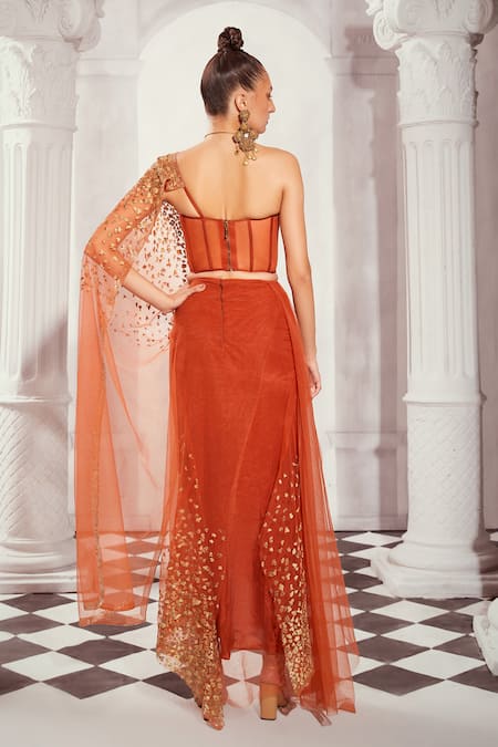 Shop Nikita Mhaisalkar Orange Tulle Crystals, Embroidery Thread Pre- Saree With Bustier at Aza Fashions Shop_Nikita Mhaisalkar_Orange Tulle Crystals, Embroidery Thread Pre- Saree With Bustier _at_Aza_Fashions