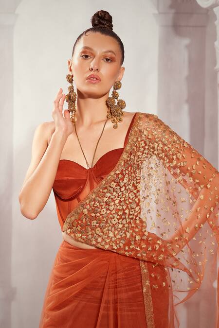 Nikita Mhaisalkar Orange Tulle Crystals, Embroidery Thread Pre- Saree With Bustier Online at Aza Fashions Nikita Mhaisalkar_Orange Tulle Crystals, Embroidery Thread Pre- Saree With Bustier _Online_at_Aza_Fashions