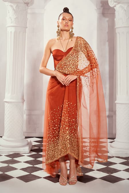 Buy Nikita Mhaisalkar Orange Tulle Crystals, Embroidery Thread Pre- Saree With Bustier Online at Aza Fashions Buy_Nikita Mhaisalkar_Orange Tulle Crystals, Embroidery Thread Pre- Saree With Bustier _Online_at_Aza_Fashions