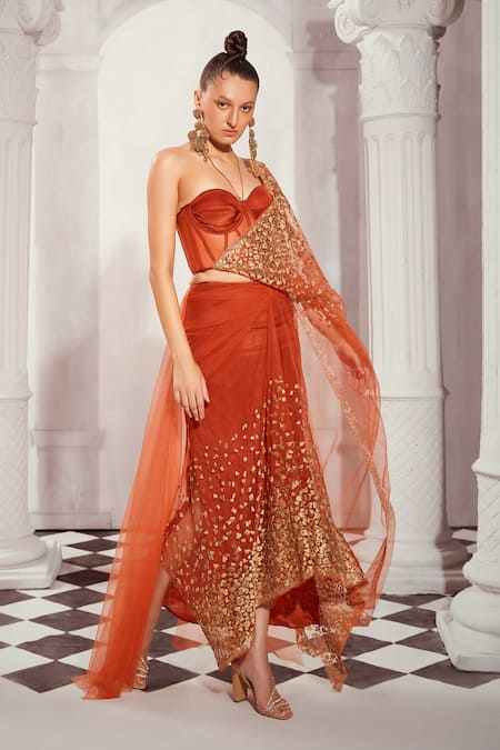 Shop Nikita Mhaisalkar Orange Tulle Crystals, Embroidery Thread Pre- Saree With Bustier Online at Aza Fashions Shop_Nikita Mhaisalkar_Orange Tulle Crystals, Embroidery Thread Pre- Saree With Bustier _Online_at_Aza_Fashions