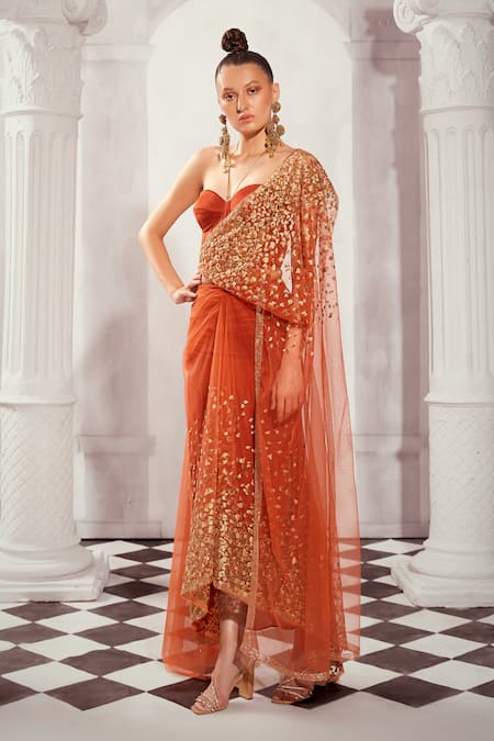 Nikita Mhaisalkar Orange Tulle Crystals, Embroidery Thread Pre- Saree With Bustier at Aza Fashions Nikita Mhaisalkar_Orange Tulle Crystals, Embroidery Thread Pre- Saree With Bustier _at_Aza_Fashions