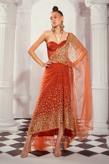 Buy Nikita Mhaisalkar Orange Tulle Crystals, Embroidery Thread Pre- Saree With Bustier Buy_Nikita Mhaisalkar_Orange Tulle Crystals, Embroidery Thread Pre- Saree With Bustier