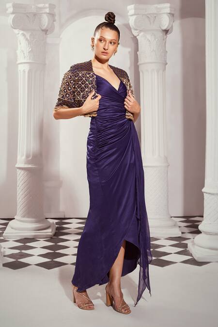 Buy Nikita Mhaisalkar Blue Silk Satin Sweetheart Neck Plain Draped High-low Dress Online at Aza Fashions Buy_Nikita Mhaisalkar_Blue Silk Satin Sweetheart Neck Plain Draped High-low Dress _Online_at_Aza_Fashions
