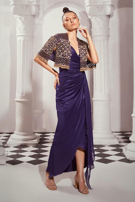 Shop Nikita Mhaisalkar Blue Silk Satin Sweetheart Neck Plain Draped High-low Dress Online at Aza Fashions Shop_Nikita Mhaisalkar_Blue Silk Satin Sweetheart Neck Plain Draped High-low Dress _Online_at_Aza_Fashions