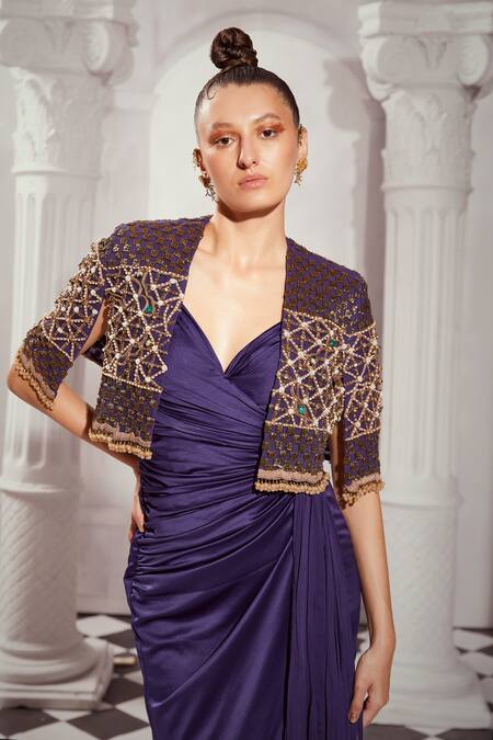 Nikita Mhaisalkar Blue Silk Satin Sweetheart Neck Plain Draped High-low Dress at Aza Fashions Nikita Mhaisalkar_Blue Silk Satin Sweetheart Neck Plain Draped High-low Dress _at_Aza_Fashions