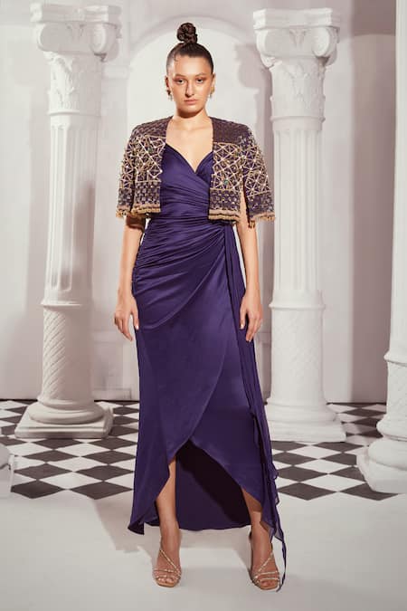 Nikita Mhaisalkar_Blue Jewel Embellished Cutwork Cape _Online_at_Aza_Fashions