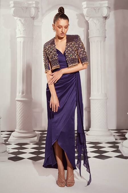 Buy_Nikita Mhaisalkar_Blue Jewel Embellished Cutwork Cape _Online_at_Aza_Fashions