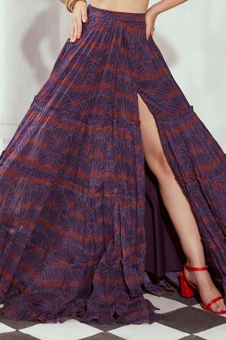 Buy_Nikita Mhaisalkar_Multi Color Organza Greek Art Print Slit Skirt _Online_at_Aza_Fashions