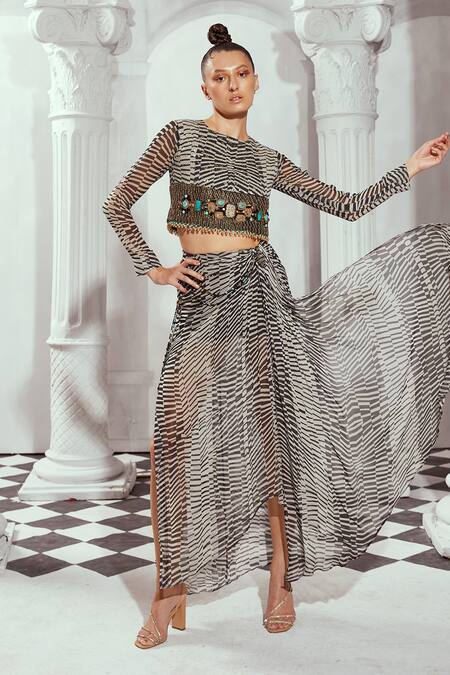 Nikita Mhaisalkar Black Georgette Beads, Sequins Round Checkered Embellished Top With Draped Skirt Online at Aza Fashions Nikita Mhaisalkar_Black Georgette Beads, Sequins Round Checkered Embellished Top With Draped Skirt _Online_at_Aza_Fashions