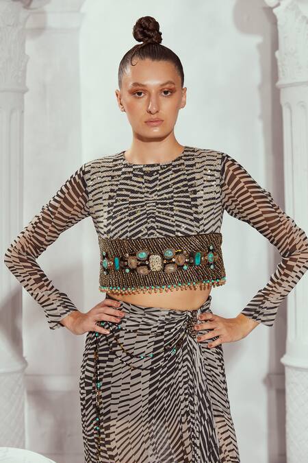 Shop Nikita Mhaisalkar Black Georgette Beads, Sequins Round Checkered Embellished Top With Draped Skirt Online at Aza Fashions Shop_Nikita Mhaisalkar_Black Georgette Beads, Sequins Round Checkered Embellished Top With Draped Skirt _Online_at_Aza_Fashions