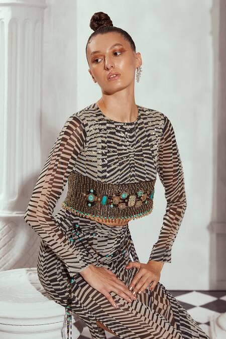 Nikita Mhaisalkar Black Georgette Beads, Sequins Round Checkered Embellished Top With Draped Skirt at Aza Fashions Nikita Mhaisalkar_Black Georgette Beads, Sequins Round Checkered Embellished Top With Draped Skirt _at_Aza_Fashions