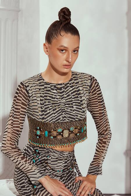 Buy Nikita Mhaisalkar Black Georgette Beads, Sequins Round Checkered Embellished Top With Draped Skirt Buy_Nikita Mhaisalkar_Black Georgette Beads, Sequins Round Checkered Embellished Top With Draped Skirt