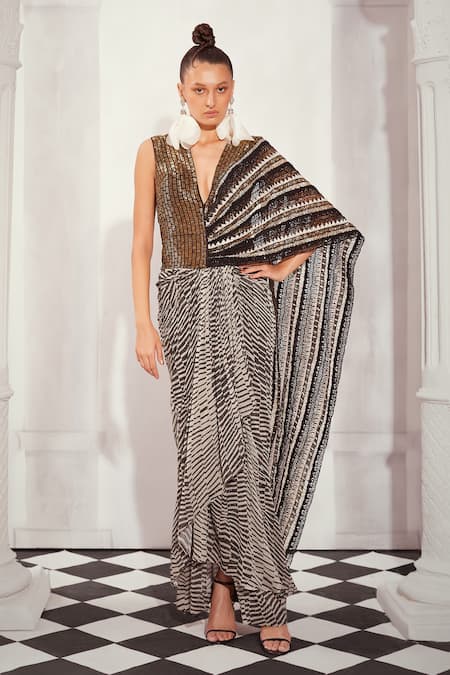 Nikita Mhaisalkar Black Silk Organza Embellished Bead Checkered Print Saree Gown 
