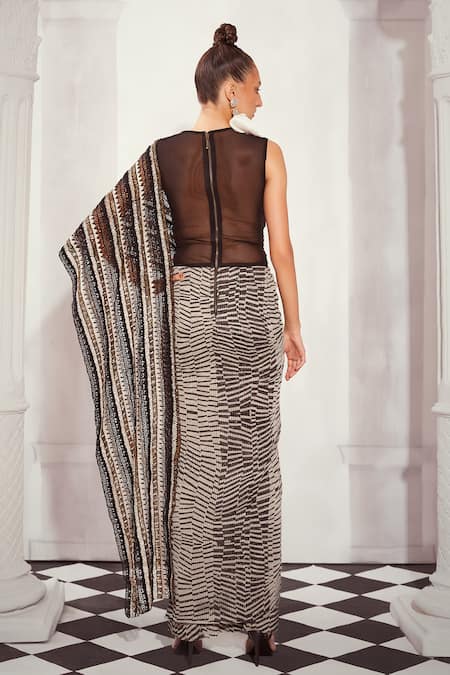 Nikita Mhaisalkar Checkered Print Bead Embellished Saree Gown 