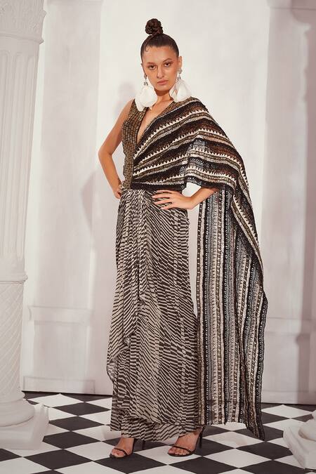 Buy Nikita Mhaisalkar Black Silk Organza Beads, Sequins V-neck Checkered Print Embellished Saree Gown Online at Aza Fashions Buy_Nikita Mhaisalkar_Black Silk Organza Beads, Sequins V-neck Checkered Print Embellished Saree Gown _Online_at_Aza_Fashions