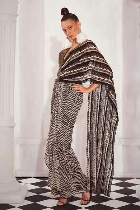 Shop Nikita Mhaisalkar Black Silk Organza Beads, Sequins V-neck Checkered Print Embellished Saree Gown Online at Aza Fashions Shop_Nikita Mhaisalkar_Black Silk Organza Beads, Sequins V-neck Checkered Print Embellished Saree Gown _Online_at_Aza_Fashions