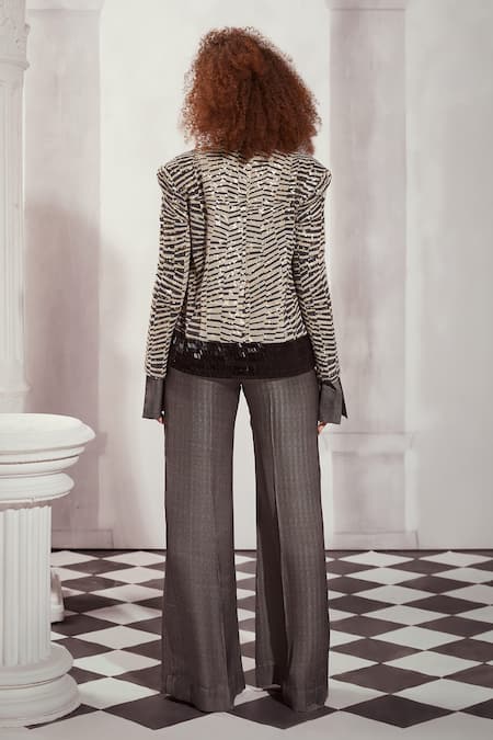 Shop Nikita Mhaisalkar Black Georgette Beads, Sequins Collared Checkered Print Embellished Jacket at Aza Fashions Shop_Nikita Mhaisalkar_Black Georgette Beads, Sequins Collared Checkered Print Embellished Jacket _at_Aza_Fashions