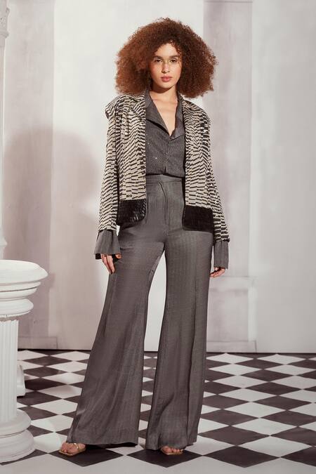 Nikita Mhaisalkar Black Georgette Beads, Sequins Collared Checkered Print Embellished Jacket Online at Aza Fashions Nikita Mhaisalkar_Black Georgette Beads, Sequins Collared Checkered Print Embellished Jacket _Online_at_Aza_Fashions