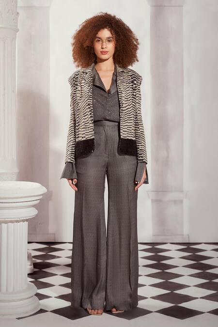 Nikita Mhaisalkar Black Georgette Beads, Sequins Collared Checkered Print Embellished Jacket at Aza Fashions Nikita Mhaisalkar_Black Georgette Beads, Sequins Collared Checkered Print Embellished Jacket _at_Aza_Fashions