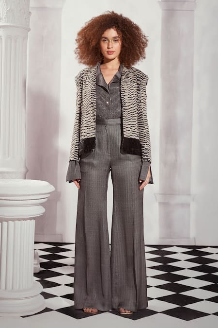 Shop Nikita Mhaisalkar Grey Georgette Sequins Collared Embellished Shirt at Aza Fashions Shop_Nikita Mhaisalkar_Grey Georgette Sequins Collared Embellished Shirt _at_Aza_Fashions