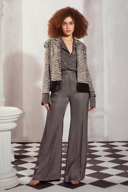 Nikita Mhaisalkar Grey Georgette Sequins Collared Embellished Shirt Online at Aza Fashions Nikita Mhaisalkar_Grey Georgette Sequins Collared Embellished Shirt _Online_at_Aza_Fashions