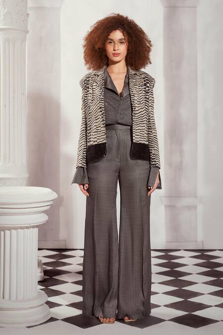 Shop Nikita Mhaisalkar Grey Georgette Sequins Collared Embellished Shirt Online at Aza Fashions Shop_Nikita Mhaisalkar_Grey Georgette Sequins Collared Embellished Shirt _Online_at_Aza_Fashions