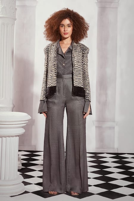 Nikita Mhaisalkar Grey Silk Satin Textured Pant 