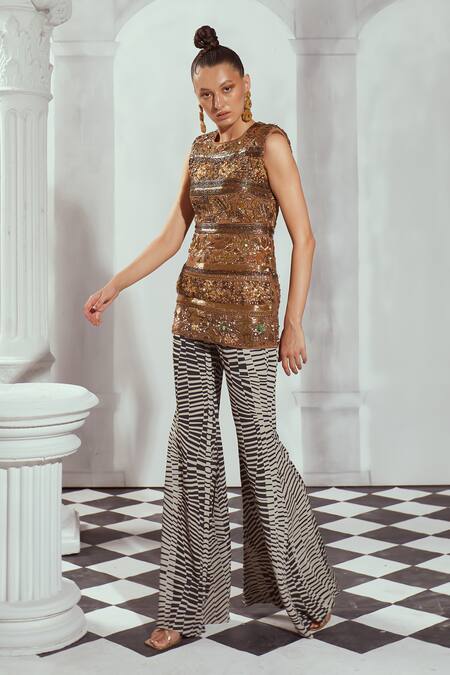 Nikita Mhaisalkar Gold Georgette Stones, Beads Round Neck Embellished Dress With Printed Pant Online at Aza Fashions Nikita Mhaisalkar_Gold Georgette Stones, Beads Round Neck Embellished Dress With Printed Pant _Online_at_Aza_Fashions