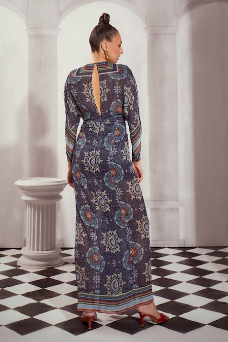 Shop Nikita Mhaisalkar Blue Georgette Sequins V-neck Mosaic Print Draped Dress at Aza Fashions Shop_Nikita Mhaisalkar_Blue Georgette Sequins V-neck Mosaic Print Draped Dress _at_Aza_Fashions