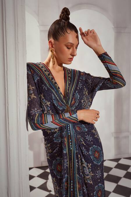 Nikita Mhaisalkar Blue Georgette Sequins V-neck Mosaic Print Draped Dress Online at Aza Fashions Nikita Mhaisalkar_Blue Georgette Sequins V-neck Mosaic Print Draped Dress _Online_at_Aza_Fashions