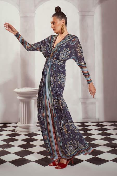 Buy Nikita Mhaisalkar Blue Georgette Sequins V-neck Mosaic Print Draped Dress Online at Aza Fashions Buy_Nikita Mhaisalkar_Blue Georgette Sequins V-neck Mosaic Print Draped Dress _Online_at_Aza_Fashions