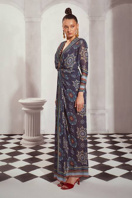 Shop Nikita Mhaisalkar Blue Georgette Sequins V-neck Mosaic Print Draped Dress Online at Aza Fashions Shop_Nikita Mhaisalkar_Blue Georgette Sequins V-neck Mosaic Print Draped Dress _Online_at_Aza_Fashions
