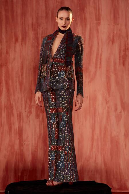 Shop Nikita Mhaisalkar Multi Color Tassels Tangerine Tile Print Scarf Online at Aza Fashions Shop_Nikita Mhaisalkar_Multi Color Tassels Tangerine Tile Print Scarf _Online_at_Aza_Fashions