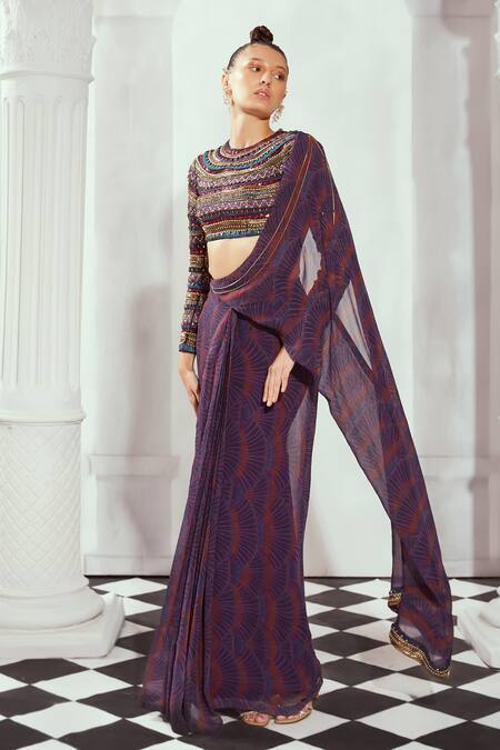 Buy_Nikita Mhaisalkar_Multi Color Chiffon Greek Art Print Pre-draped Saree _Online_at_Aza_Fashions