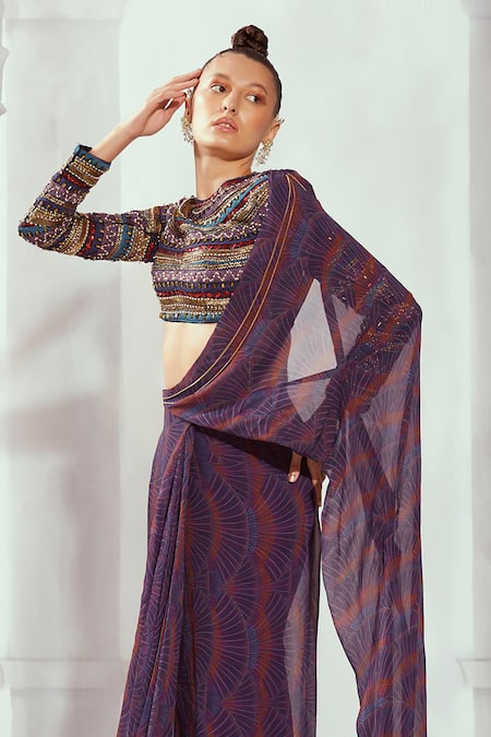 Shop_Nikita Mhaisalkar_Multi Color Chiffon Greek Art Print Pre-draped Saree _Online_at_Aza_Fashions