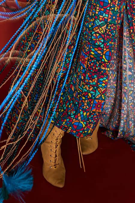 Esha L Amin_Multi Color Viscose, Crepe Embroidery Collared Floral Tile Print Top With Pant _Online_at_Aza_Fashions