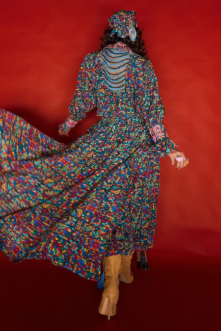 Shop_Esha L Amin_Multi Color Viscose, Crepe Embroidery Floral Tile Print Skirt _at_Aza_Fashions