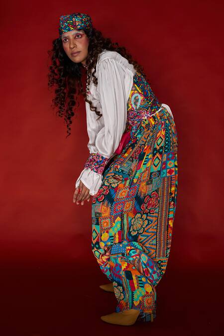 Shop_Esha L Amin_Multi Color Viscose Beads, Sequins Abstract Print Harem Pant _at_Aza_Fashions