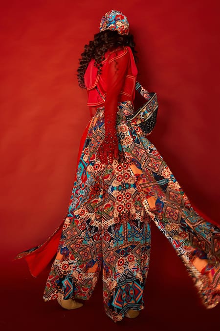 Shop_Esha L Amin_Red Crepe Embroidery Collared Tribal Motif Work Top _at_Aza_Fashions