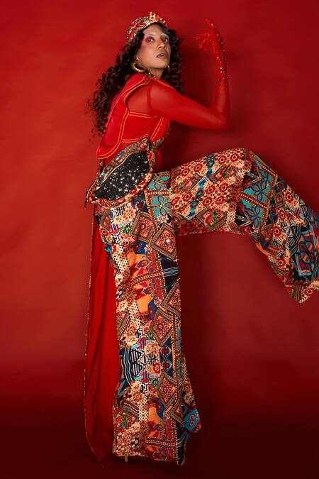 Esha L Amin_Red Crepe Embroidery Collared Tribal Motif Work Top _Online_at_Aza_Fashions